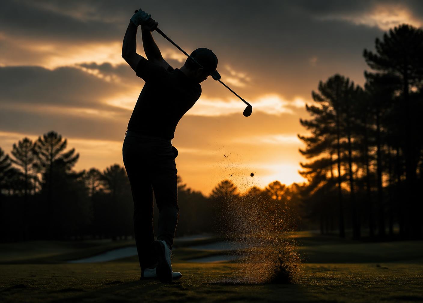 Golfer silhouetted mid-swing at twilight